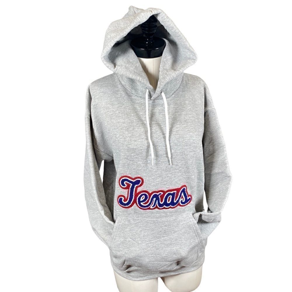 Texas Custom Chenille Embroidered Grey womens Hanes Hoodie M